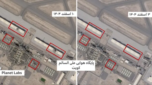 تصاویر ماهواره‌ای قبل و بعد از حمله، آسیب به دو آشیانه هواپیما و چهار ساختمان در پشت آنها را نشان می‌دهد 