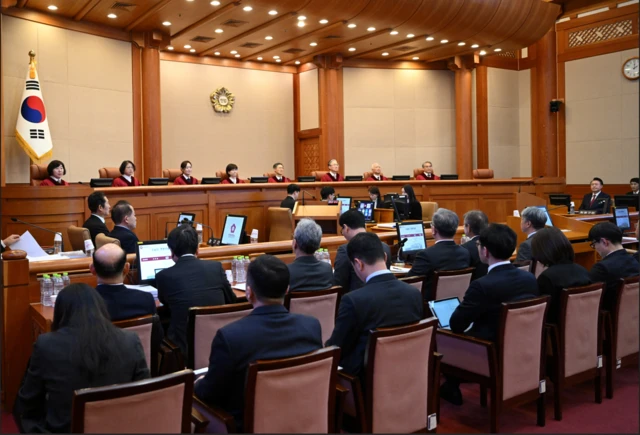 윤석열 대통령 탄핵심판 변론기일이 열린 헌법재판소 심판정 모습
