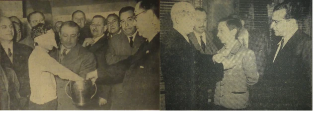 Siyah beyaz fotoğraf. Solda kura çekimi, sağda rozet töreni
