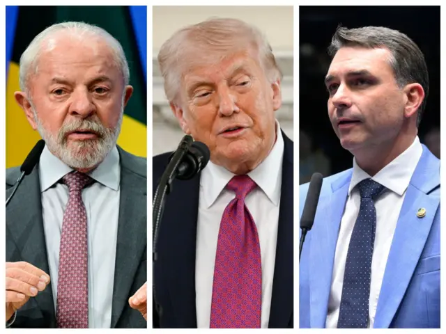 Montagem com fotos de Lula, Trump e Bolsonaro