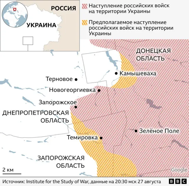 Карта Украины, на которой изображены районы, где наступают российские войска