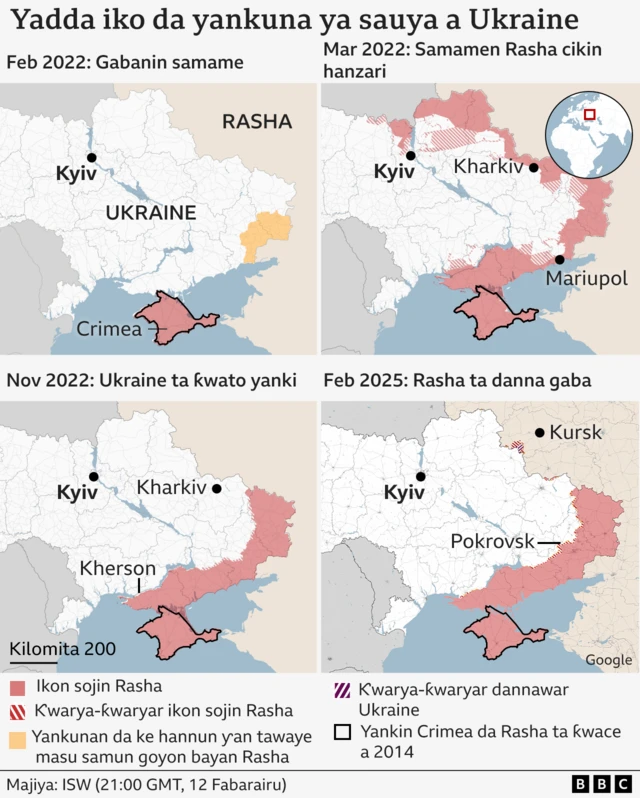 Taswirorin yadda ikon yankuna ya riƙa sauyawa a tsawon lokacin da Rasha ta kai samame Ukraine