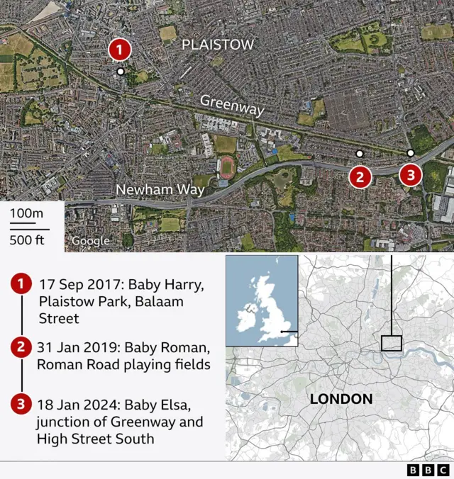 Map show di three separate locations wia dem find di babies near di Greenway in east London