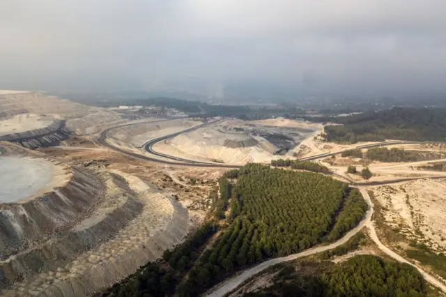 19 Ağustos 2023, Muğla'nın Milas ilçesindeki kömürle çalışan Yeniköy termik santralinin geri planında kesilen ormanları gösteriyor.