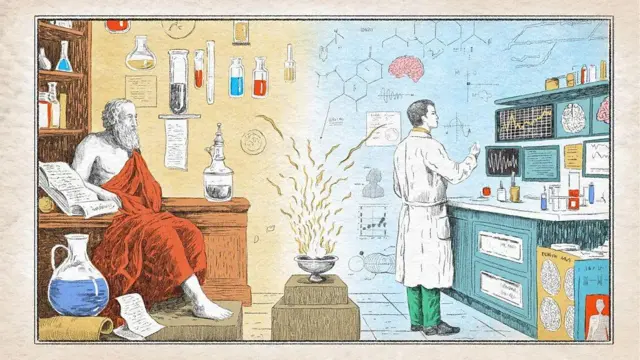 Колаж - поєднання сучасного вченого і стародавнього