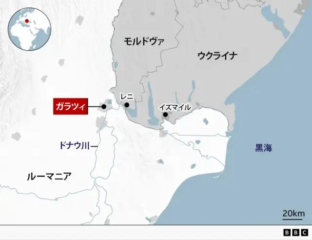 ガラツィ、ドナウ川、レニ、イズマイルなどの位置を示した地図