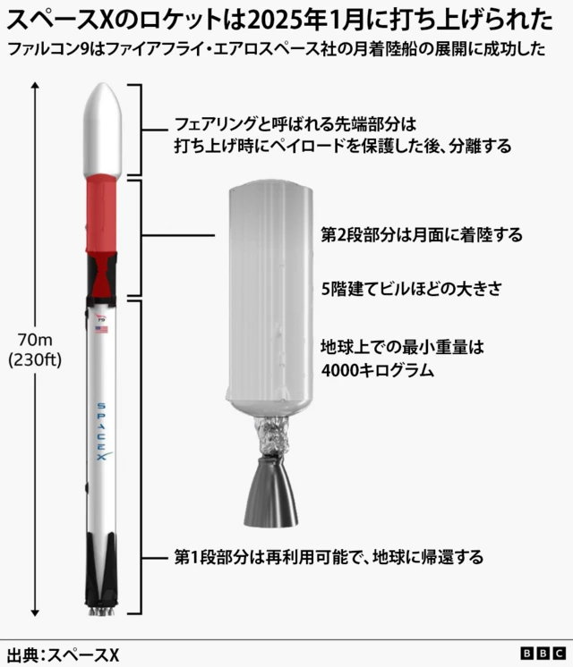2025年 1月に打ち上げられたスペースXのロケット「ファルコン9」の特徴をまとめた図。全長70メートルで、三つの部分に分かれている。フェアリングと呼ばれる先端部分は、打ち上げ時にペイロードを保護した後、分離する。第2段部分は月面に着陸する。第1段部分は再利用可能で、地球に帰還する。第2段部分は5階建てビルほどの大きさで、地球上での最小重量は4000キログラム。出典はスペースX