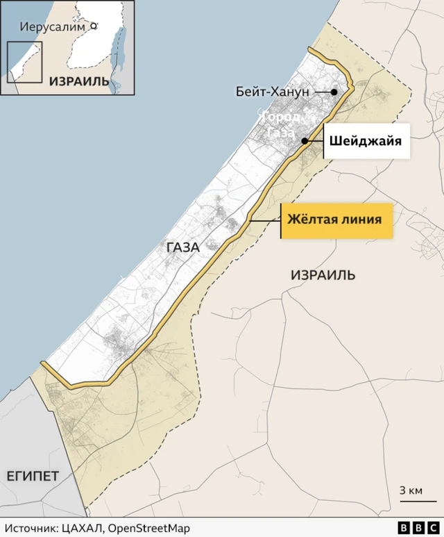 Карта, на которой показана желтая линия, проходящая по границе Газы, с Бейт-Хануном, ближайшим к северной границе, и Шейджайей, расположенной недалеко от желтой линии на северо-восточной границе.