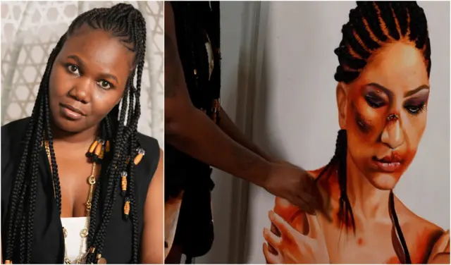 Nwaanyị yi akwa ojii na-akpa isi ihe e sere ese na-egosi nwaanyị a na-akpagbu nwere mmerụ ahụ n'ihu ma n'ahụ ya.