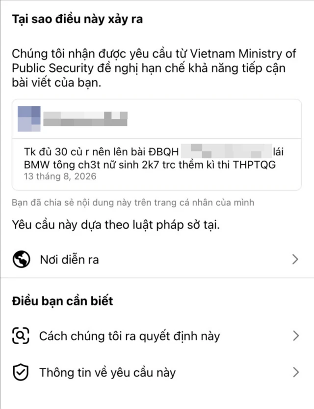 Một người cho biết bài viết của mình đã bị chặn theo yêu cầu từ Bộ Công an