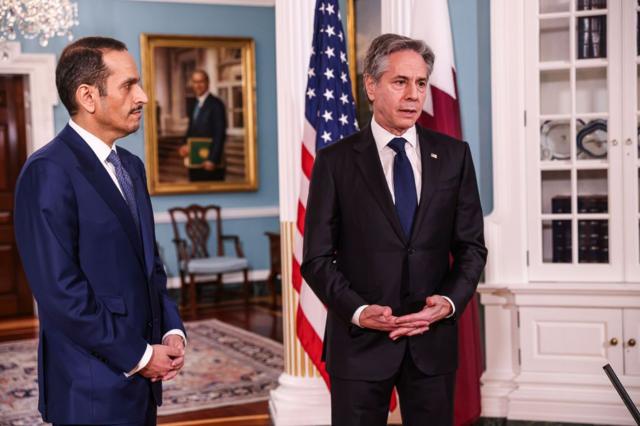 وزير الخارجية القطري محمد عبد الرحمن آل ثاني ونظيره الأمريكي أنتوني بلينكن في واشنطن الشهر الماضي.