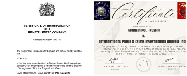 বাঁয়ে যুক্তরাজ্যে বাণিজ্যিক সংস্থা হিসাবে রেজিস্ট্রেশন , ডানদিকে 'ইউরেশিয়া পোল' -এর 'স্বীকৃতি' 