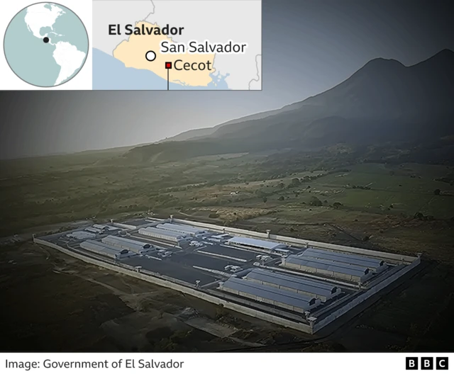 Gambar penjara Cecot yang menunjukkan lokasinya di El Salvador
