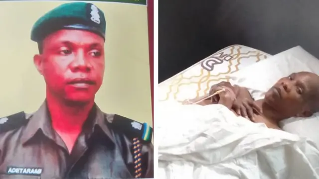 Hoton tsohon ɗan'sanda mai suna Adegbehin sanye da kaki da kuma a yanzu da yake kwance a asibiti