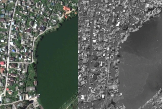 Коллаж из двух спутниковых снимком. На снимке справа видно, что на улицах города вода.