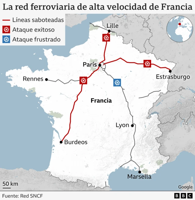 mapa de las líneas de trenes afectados en Francia.