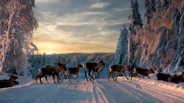 Animais cruzando uma estrada cheia de neve na Suécia