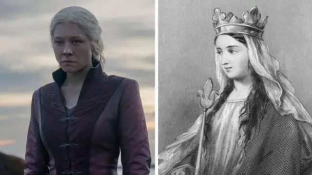 Emma D'Arcy como Rhaenyra Targaryen e uma fotografia da Imperatriz Matilda