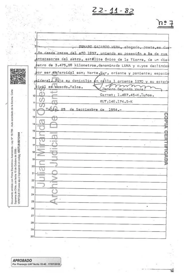 Cópia de um documento cartorário registrado no Arquivo Judicial de Santiago do Chile