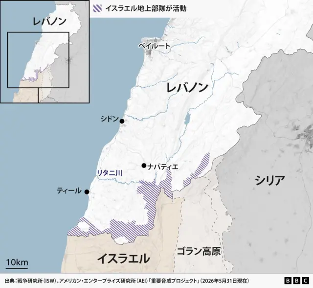 レバノン、イスラエル、シリア、ゴラン高原の地図。イスラエル軍地上部隊が活動するレバノン南部の地域を示している