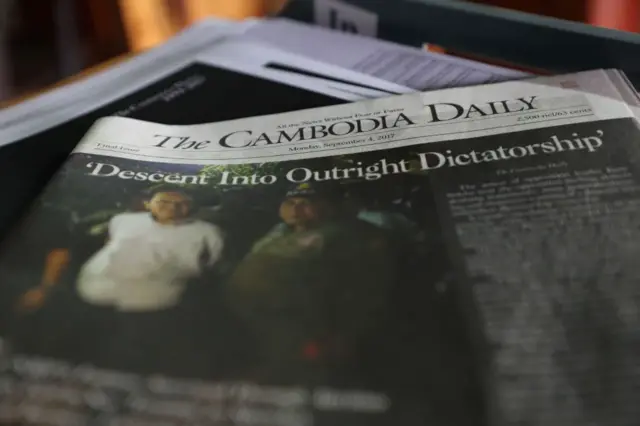 A copy of the final issue of the Cambodia Daily on a desk at the newspaper's office.