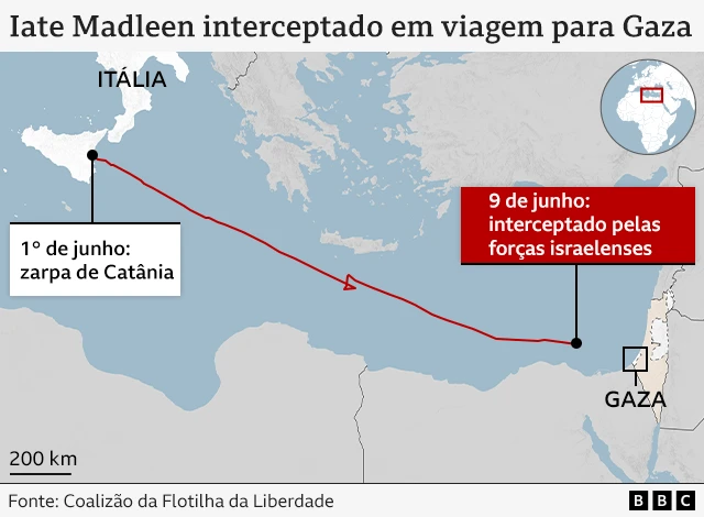 Mapa mostrando rota do iate