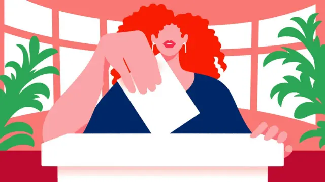 Ilustração de uma mulher inserindo seu voto em uma urna