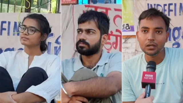 23 دنوں تک بھوک ہڑتال پر رہنے والے طلبہ (دائيں سے بائيں) منیش، آمین اور نیہا