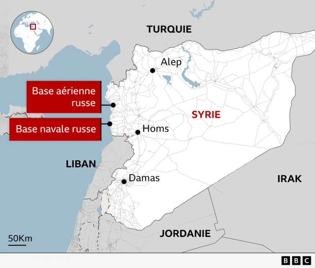 Carte montrant l'emplacement des bases russes en Syrie