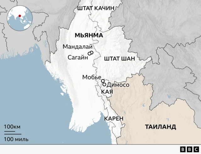 карта Мьянмы с мятежными штатами