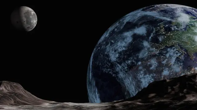 Ilustración artística de cómo se verían la Tierra y la Luna desde un tercer cuerpo celeste en el espacio cercano. Las rocas de este asteroide se pueden ver en primer plano, con la Tierra asomando a la derecha —con los continentes claramente visibles— y la luna como una masa gris más distante en la parte superior derecha.