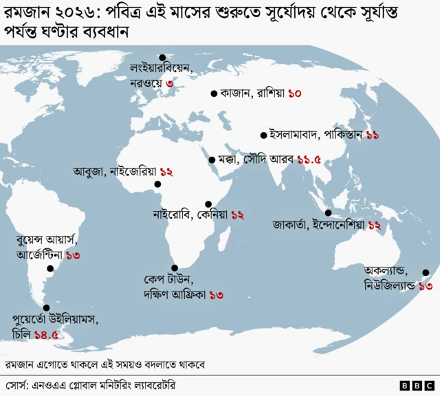 বিশ্ব মানচিত্রের ওপর চিহ্নিত করা হয়েছে কোথায় কত ঘণ্টা রোজা রাখতে হবে 