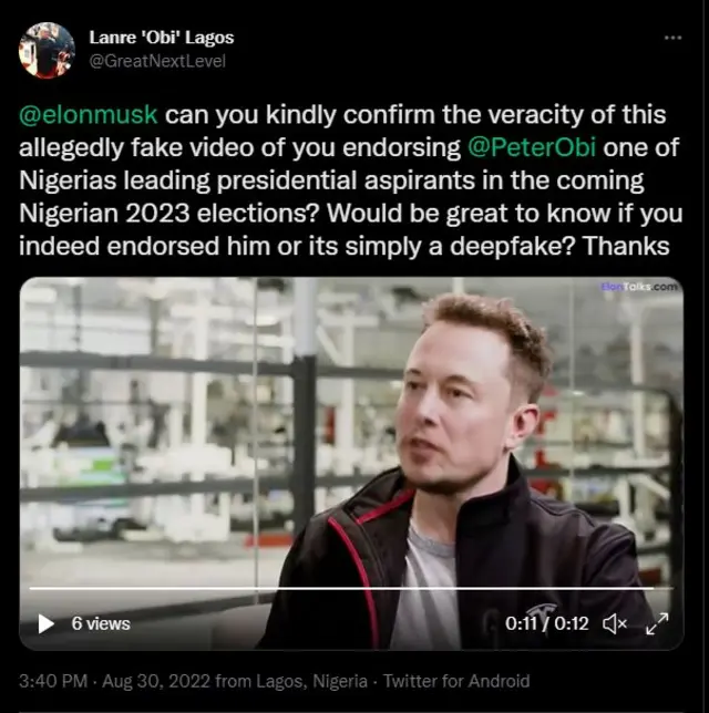 For di manipulated video, dem alter Musk voice wey make reference to Peter Obi