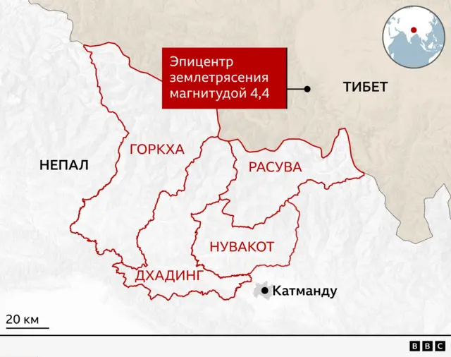 Карта с обозначенными на ней пострадавшими районами Непала.