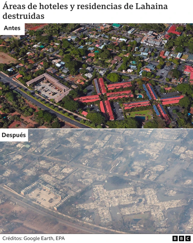 Áreas de hoteles y residencias de Lahaina destruidas