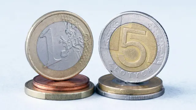 Zdjęcie pokazuje monety 5 złotych i 1 euro