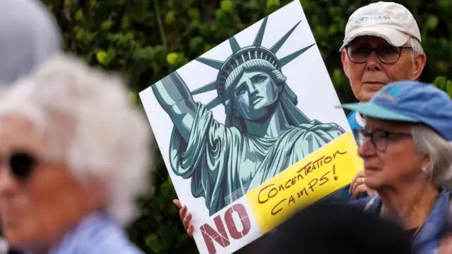 Un hombre sujeta un cartel que dice "No a los campos de concentración" y tiene la imagen de la Estatua de la Libertad.