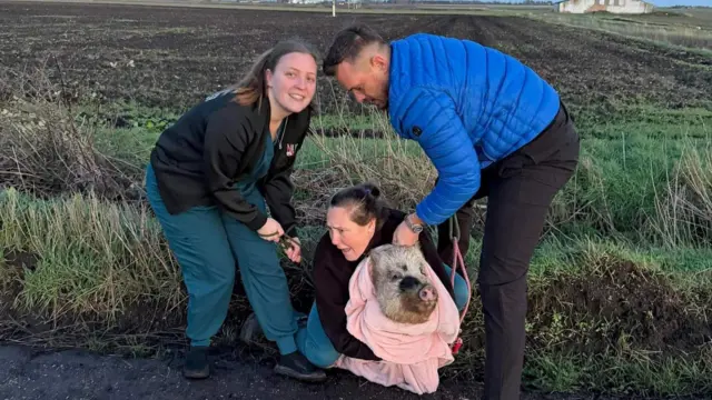 Tres personas están al borde de un camino embarrado con un cerdo envuelto en una manta. Al fondo se ven campos y una granja.