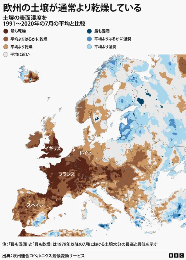 西ヨーロッパにおける7月の土壌水分地図。1991～2020年の平均より、イギリス、フランス、スペインなどが、過去最も乾燥している、あるいは平均よりはるかに乾燥している状態を示している