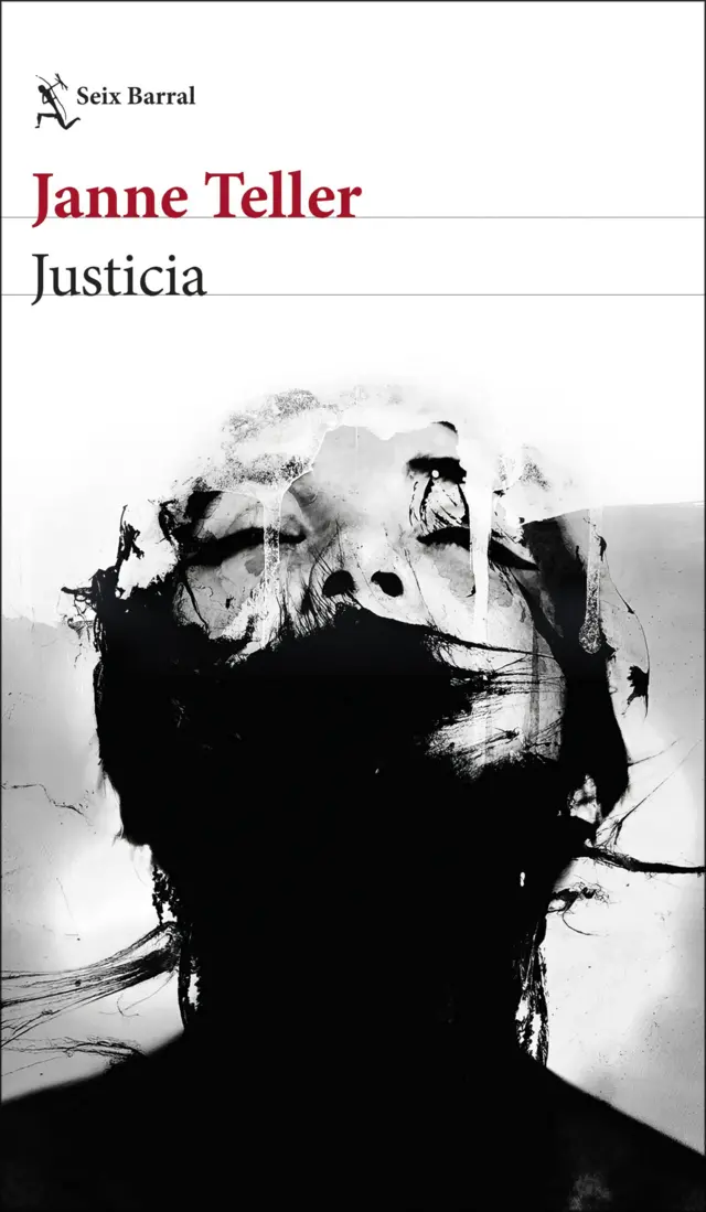 Portada del libro "Justicia". Es en blanco y negro y en ella se ve el rostro y cuello de una mujer, aunque buena parte está en sombra y solo parte de la cara tiene luz.