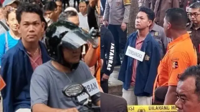 penyandang disabilitas tunadaksa berinisial IWAS alias Agus saat menjalani rekonstruksi kasus dugaan pelecehan seksual terhadap mahasiswi inisial MA di Kota Mataram, Nusa Tenggara Barat, pada Rabu (11/12).