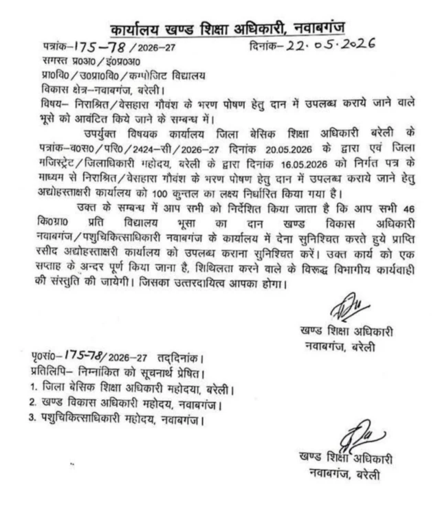पहले आदेश में भूसा दान ना करने वालों के विरुद्ध विभागीय कार्यवाही की चेतावनी दी गई थी