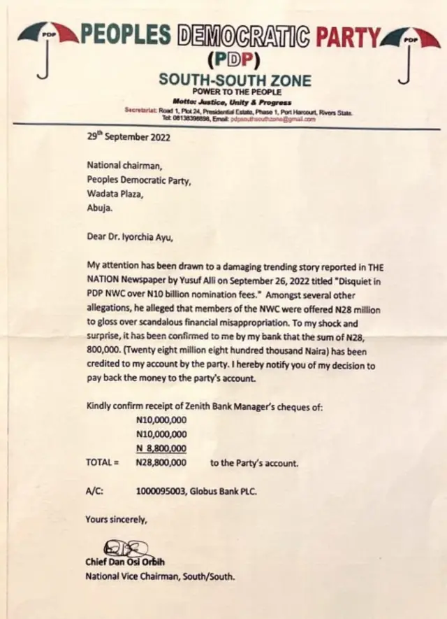 Screenshot of di letter National Vice Chairman (South), Chief Dan Orbih write