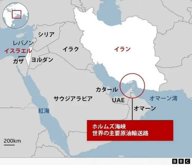 ホルムズ海峡の位置を強調した中東の地図