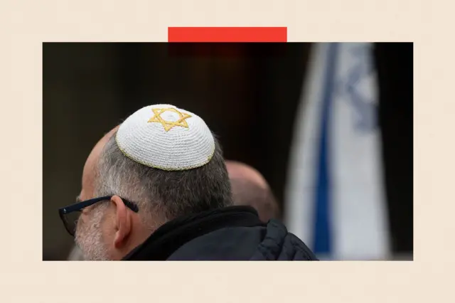 Man wearing a white and gold Kippah