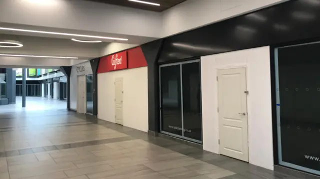 La imagen muestra una fila de tiendas cerradas dentro de un centro comercial vacío.