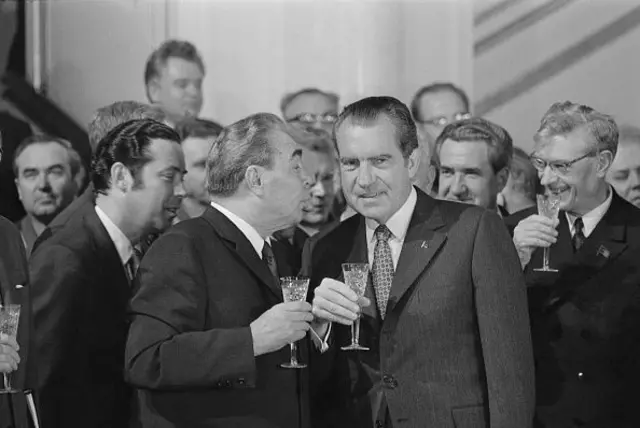 General Secretary of the Soviet Communist Party Leonid I. Brezhnev, (L) offers a toast to President Richard Nixon following the signing of the Strategic Arms Limitation Pact here on May 26th, between the U. S. and the U.S.S.R.