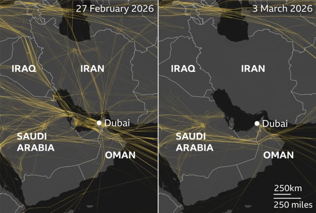 Mapy porównujące trasy lotów nad Bliskim Wschodem w dniu 27 lutego 2026 r. (z lewej) i 3 marca 2026 r. (z prawej) - ta ostatnia pokazuje przekierowanie większości lotów po wprowadzeniu ograniczeń w przestrzeni powietrznej Iranu. Źródło: Flightradar24