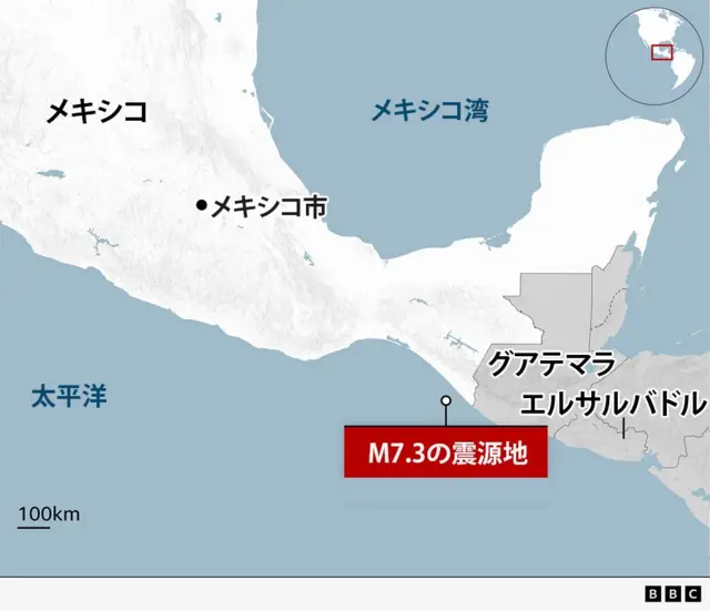 メキシコ沿岸沖で発生した地震の位置を示す地図