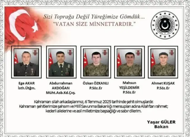 Milli Savunma Bakanlığı, hayatını kaybeden ilk beş askerin isimlerini sosyal medyada paylaştığı bu notla açıklamıştı